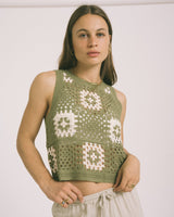 TILTIL Senna  Crochet Flower Top Olive One Size